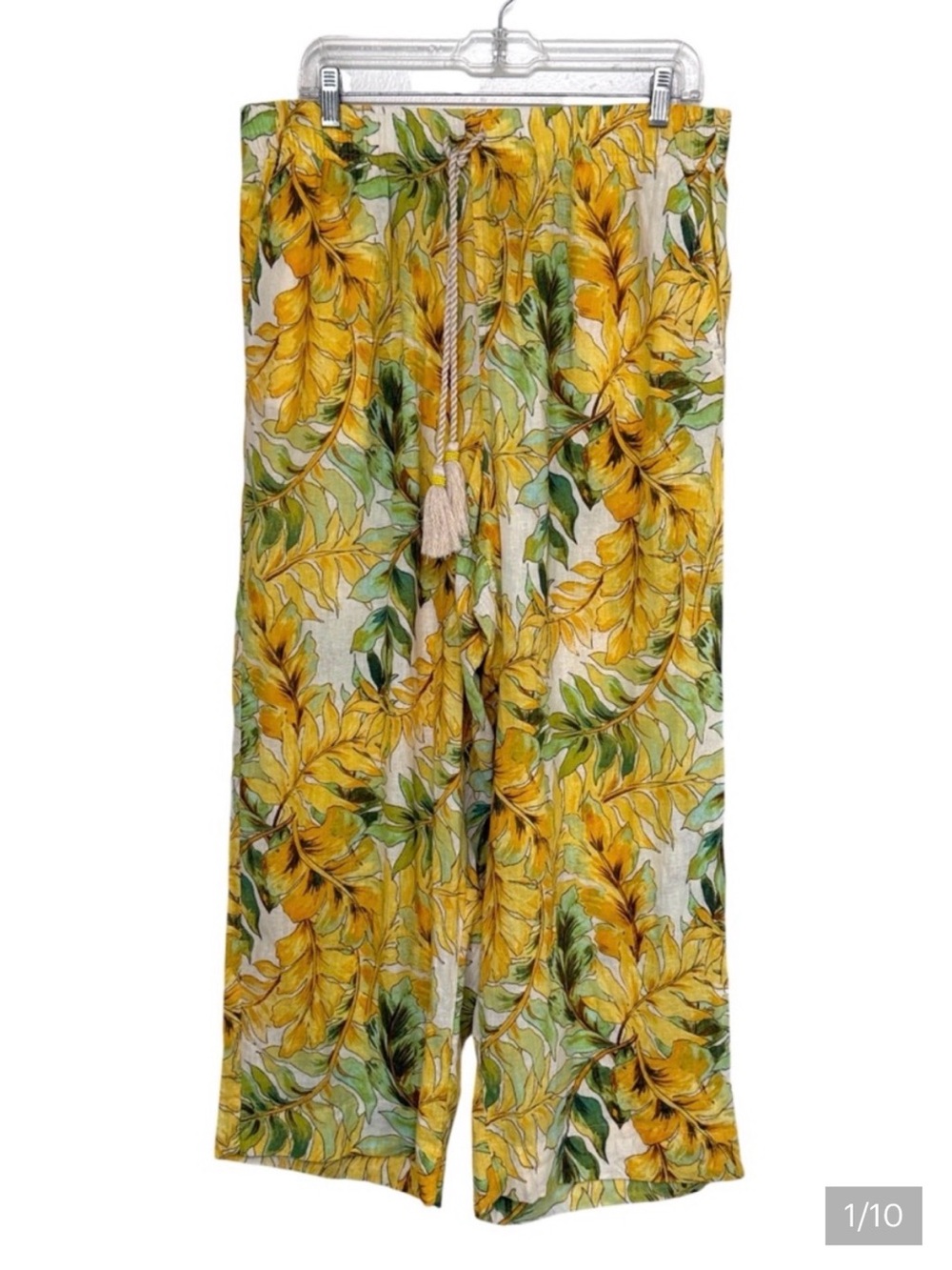 Tahari Yellow Green Leaf Print Wide Leg Pants